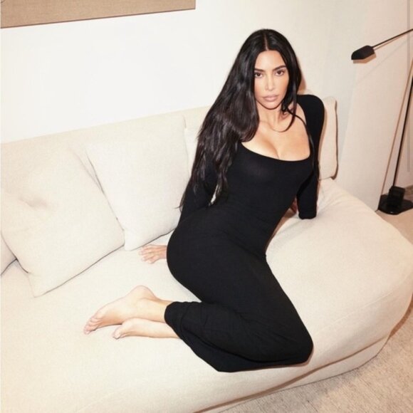 Skims Soft Lounge Long Sleeve Dress Ribbed Onyx Size XXS - Picture 1 of 10